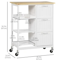 HOMCOM Kitchen Cart, Kitchen Island Coffee Bar Cart on Wheels with Wooden Top, Utility Trolley with 3 Storage Drawers, 2 Shelves, Removable Tray for Dining Room, White(m-3)