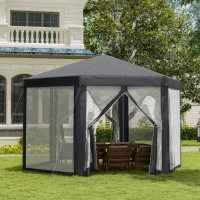 Outsunny Φ13' Hexagon Party Tent Patio Gazebo Outdoor Activity Event Canopy Quick Sun Shelter Pavilion with Netting Mesh Sidewall Dark Grey(m-1)