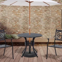 Outsunny 33-Inch Roud Patio Dining Table with Umbrella Hole, Cast Aluminum Garden Table, All Weather Patio Bisto Table, for Lawn, Garden, Outside, Black(m-8)