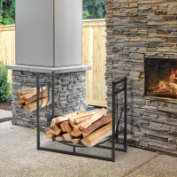 Outsunny 33" Firewood Rack Outdoor Indoor with 4-Piece Fireplace Tools, Firewood Holder with 2 Tiers, Curved Bottom Log Holder for Fireplace, Wood Stove, Hearth, Fire Pit, Black(m-10)