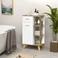 kleankin Bathroom Floor Cabinet, Side Storage Organizer Cabinet with Drawer and Shelves for Bathroom, Entryway and Kitchen, White and Natural(m-2)