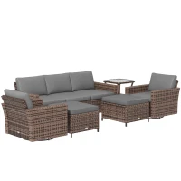 Outsunny 6-Piece Rattan Patio Furniture Set with 3-Seater Sofa, Swivel Rocking Chairs, Footstools, 2 Tier Table, Mixed Brown(m-11)