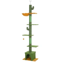 PawHut Floor to Ceiling Cat TreeTower with 90.5"-108" Adjustable Height, Scratching Posts, Hammock, Comdo, Toy Ball, Green(m-2)