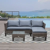 Outsunny 3 Piece Wicker Patio Furniture Set Outdoor Sofa Set with Glass Tabletop, Cushions Metal Frame for Balcony, Patio, Grey(m-12)