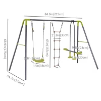 HOMCOM 3 in 1 Kids Swing Set, Double Face to Face Swing Chair & Glider Set, Climbing Ladder A-Frame Outdoor Heavy Duty Metal Swing Set for Backyard Playground(m-3)
