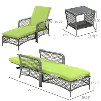 Outsunny 2 Pieces Wicker Patio Lounge Set w/ Cushions, Outdoor PE Rattan Sun Lounger Sets w/ 5-Level Reclining Chaise Chair & Two-tier Glass Top Coffee Table, Green(m-3)
