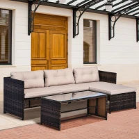 Outsunny 3 Piece Patio Furniture Set, Rattan Outdoor Sofa Set with Chaise Lounge & Loveseat, Soft Cushions, Tempered Glass Table, L-Shaped Sectional Couch, Beige(m-10)