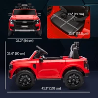 Qaba Ford Ranger Licensed 12V Ride on Car Battery Powered Kids Truck w/ Rear Storage Remote, Spring Suspension, Red(m-3)