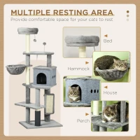PawHut 59" Cat Tree with Scratching Posts, Self Groomer, Scratching Pad, Large Cat Tower for Indoor Cats with Hammock, Bed, House, Toys, Grey(m-5)