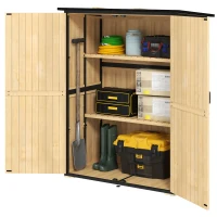 Outsunny Wood Storage Shed, Outdoor Garden Shed with Asphalt Roof, 2 Shelves, Lockable Doors and Adjustable Feet, Natural(m-1)