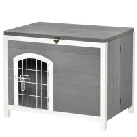 PawHut Foldable Wooden Dog House Raised Puppy Cage Kennel Cat Shelter for Indoor & Outdoor w/ Lockable Door Openable Roof Removable Bottom for Small and Medium Pets Grey(m-11)