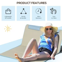 Outsunny Set of 2 Beach Lounge Chair, Folding Ground Beach Mat w/ Adjustable Back, Steel Frame, Head Pillow and Carry Bag, Beige(m-7)