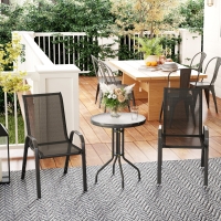 Outsunny 3 Pieces Bistro Set, Small Patio Furniture Set with Stackable Mesh Chairs, Glass Table for Garden, Balcony, Black