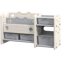 Qaba 2 Tier Kids Toy Storage Organizer with 4 Storage Boxes, Bookshelves, for Kids Room, Nursery, Playroom, Cream White(m-1)