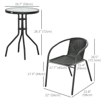 Outsunny 3 Pieces Outdoor Wicker Furniture Set with 2 Stackable Chairs, Tempered Glass Coffee Table for Garden, Backyard, Black(m-3)