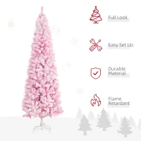 HOMCOM 6 FT Snow Flocked Artificial Christmas Tree, Pencil Xmas Tree with Realistic Branches, Auto Open and Steel Base, Pink(m-4)