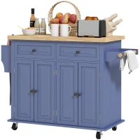HOMCOM Kitchen Island on Wheels, Rolling Cart with Rubberwood Top, Spice Rack, Towel Rack and Drawers, Navy Blue(m-1)