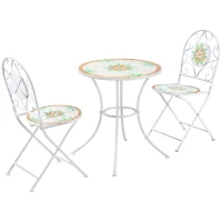 Outsunny 3 Piece Patio Bistro Set, Floral Mosaic Pattern, Metal Folding Chairs, Foldable Outdoor Dining Table for Coffee, Decor, Garden, Poolside, Porch, White(m-11)