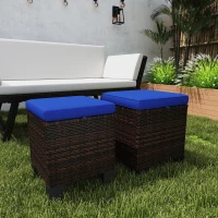 Outsunny 2 Piece Wicker Outdoor Ottomans with Cushions, Rattan Ottoman Footrest and Side Table for Patio, Yard, Poolside, Dark Blue(m-2)