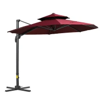 Outsunny 11ft Cantilever Patio Umbrella with Base, Double Top Hanging Aluminum Offset Umbrella with 360° Rotation, Easy Tilt, 8 Ribs, Crank, Cross Base for Backyard, Wine Red(m-11)