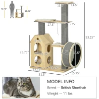 PawHut Cat Tree for Indoor Cats with Scratching Posts, Double-Layer House, 32" x 16" x 53", Natural(m-3)