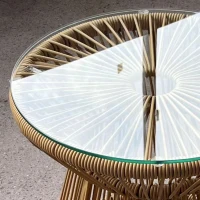 Outsunny Round End Table, Rattan Side Table, Hollow Drum Design Coffee Table w/ Glass Tabletop for Patio, Garden, Balcony, Beige(m-10)