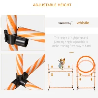 PawHut 4PC Portable Pet Agility Training Set Hurdle for Dog Obstacle Exercise with Adjustable Height Jump Ring High Jumper Weave Poles Square Pause Box Carry Bag Whistle Orange and White(m-5)
