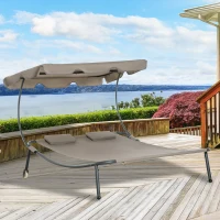 Outsunny Patio Double Chaise Lounge Chair, Outdoor Wheeled Hammock Daybed with Adjustable Canopy and Pillow for Sun Room, Garden, or Poolside, Brown(m-10)