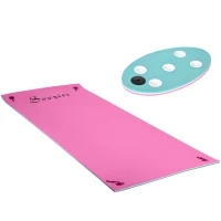 Soozier 12' x 5' Lily Pad Floating Mat with Cup Holder Table, 3-Layer Portable Roll-Up Water Mat Float Dock for 2-3 People, on Lake, River, Beach, Swimming Pool, Pink(m-1)