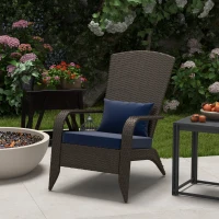 Outsunny Patio Wicker Adirondack Chair, Outdoor Rattan Muskoka Chair with Cushions for Patio, Garden, Backyard Dark Blue(m-8)