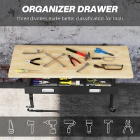 HOMCOM 59" Work Bench with Drawer, Height Adjustable Legs, Bamboo Tabletop Workstation Tool Table on Wheels for Garage, Weight Capacity 1320 Lbs, Black/Natural(m-7)