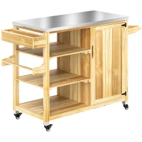 Outsunny Outdoor Grill Cart with Stainless Steel Top, Solid Wood Outdoor Kitchen Island with Wheels, Natural Wood(m-1)