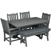 Outsunny 6 Pieces Patio Dining Set, 6 Seater Outdoor Table and Chairs, Conversation Furniture, Armrests, Loveseat Bench, Dinner Table with Umbrella Hole, Cushions, Dark Gray(m-11)