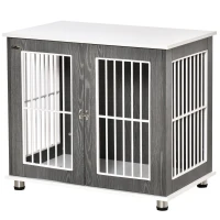 PawHut 34'' Wooden Dog Cage, Modern Wire Dog Crate, Pet Kennel with Door, Lock, Adjustable Foot Pads, for Small and Medium Dogs, Grey and White(m-11)