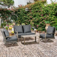 Outsunny 4 Piece Wicker Patio Furniture Set with 2 Rocking Chairs, Loveseat Sofa, Outdoor PE Rattan Conversation Set with Cushions, Aluminum Table for Porch, Poolside, Dark Gray(m-10)