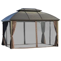 Outsunny 10' x 12' Hardtop Gazebo Canopy with Galvanized Steel Double Roof, Aluminum Frame, Permanent Pavilion Outdoor Gazebo with Netting and Curtains for Patio, Garden, Backyard, Deck, Lawn(m-1)