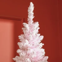 HOMCOM 7ft Pencil Christmas Tree, Slim Artificial Christmas Tree with Snow Flocked Branches and Warm White LED Lights, Pink(m-9)