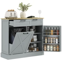 HOMCOM 10 Gallon Farmhouse Kitchen Cabinet with Hidden Trash Can and 2 Drawers, Tilt Out Trash Can Cabinet for Kitchen, Gray(m-1)