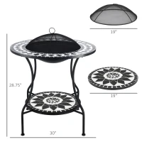 Outsunny 30" Outdoor Fire Pit Dining Table, 3-in-1 Round Wood Burning Fire Pit Bowl, Patio Ice Bucket with Storage Shelf, Spark Screen Cover for BBQ, Bonfire, Camping, Mosaic(m-3)