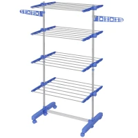 HOMCOM Garment Drying Rack Stainless Steel Folding Clothes Hanging Rack with Side Wings Castors for Indoor Outdoor Blue(m-11)
