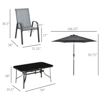 Outsunny 8 Pieces Patio Furniture Set with 9Ft Patio Umbrella, Outdoor Dining Table and Chairs, 6 Chairs, Push Button Tilt and Crank Parasol, Tempered Glass Top, Gray(m-3)