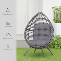 Outsunny Patio Wicker Egg Chair w/ Soft Cushion, Teardrop Cuddle Seat, Outdoor / Indoor Patio Chair, PE Plastic Rattan Furniture with Adjustable Height Feet Pads, Gray(m-4)