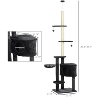 PawHut Adjustable Height Floor-To-Ceiling Vertical Cat Tree with Carpet Platforms, Condo & Rope Scratching Areas, Dark Grey(m-3)