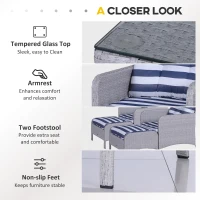 Outsunny 5 Pieces Wicker Patio Furniture Sofa Set Thick Padded Cushions, Outdoor PE Rattan Conversation Coffee Set with Armchairs, Footstools and Glass Top Table, Blue and White(m-6)