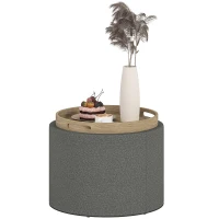 HOMCOM Round Storage Ottoman Coffee Table with Flip Top Tray, Linen Fabric Upholstered Footstool with Hidden Compartment(m-1)