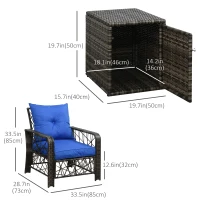 Outsunny 3 Pieces Wicker Patio Furniture Set, Rattan Bistro Set with Storage Coffee Table and Thickened Cushions, Outdoor Conversation Set for Garden, Porch, Balcony, Blue(m-3)