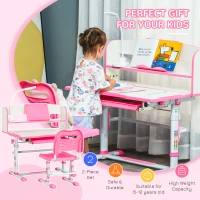 Qaba Kids Desk and Chair Set Height Adjustable Student Writing Desk Children School Study Table with LED Lamp, Bookshelf, Drawer, Reading Board, Pen Slot, Hook, Pink(m-5)