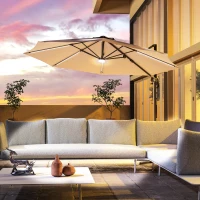 Outsunny 10ft Cantilever Patio Umbrella Offset Parasol with Lights, Cross Base, 360° Rotating for Deck, Beach, Market, Khaki(m-8)