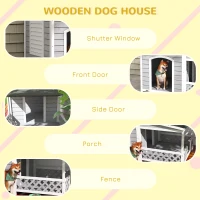 PawHut Wooden Dog House Outdoor with Porch, Cabin Style Raised Dog Shelter with Asphalt Roof, Doors, and Shutter Window, for Medium Large Sized Dog, Light Gray(m-5)