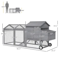 PawHut 96.5" Chicken Coop Wooden Hen House Poultry Cage Pen Portable with Wheels and Nesting Box, Chicken Cage for Backyard Outdoor, Gray(m-3)